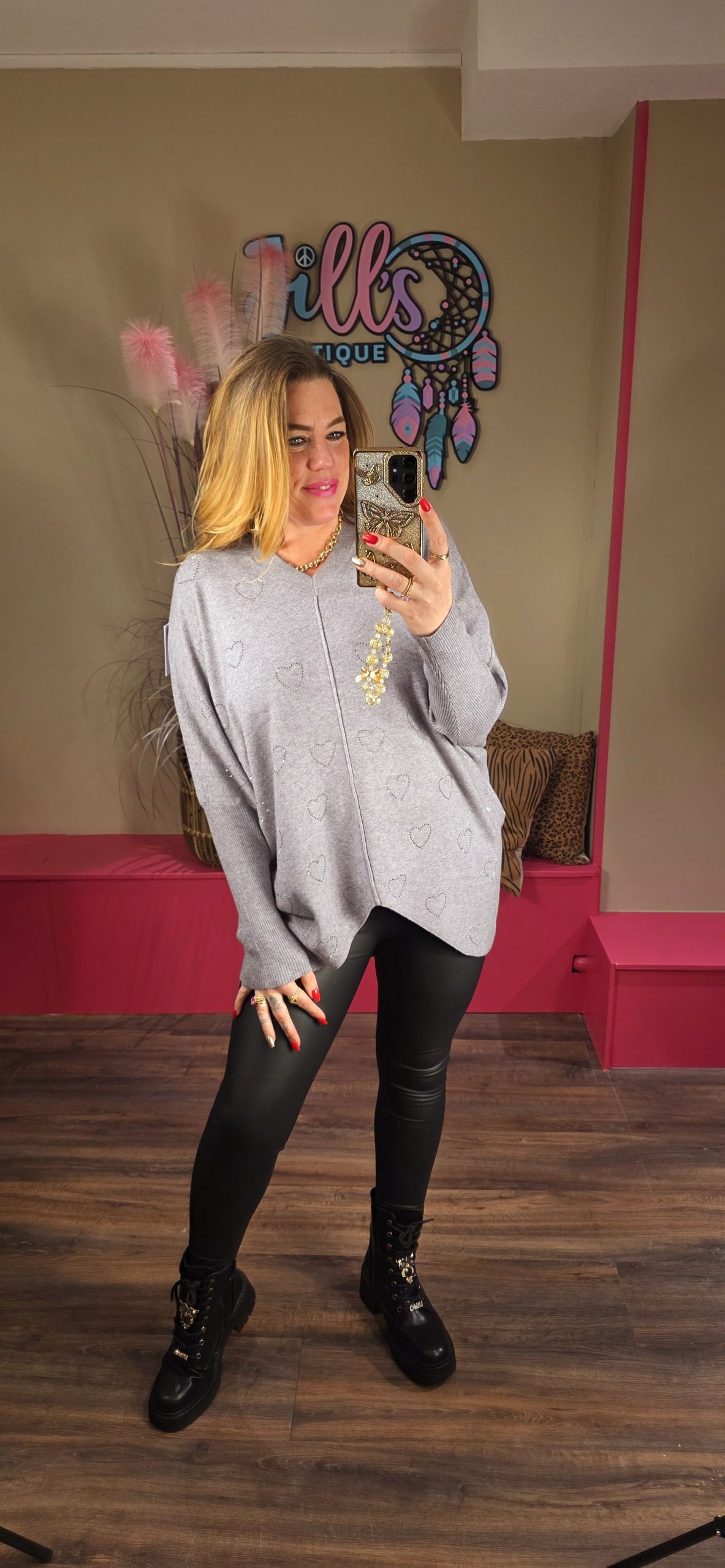 Trui heart bling grey