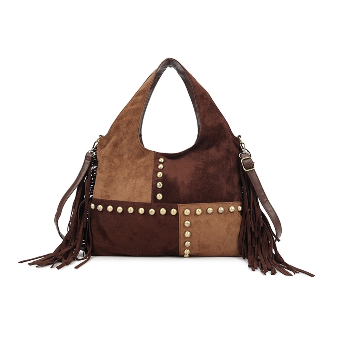 Tas fringe studs bruin